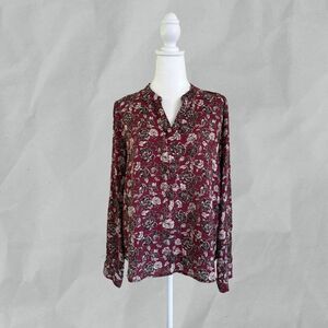 Forever 21 Top Long Sleeve Semi-Sheer Burgundy Red & Brown Floral Blouse Size L